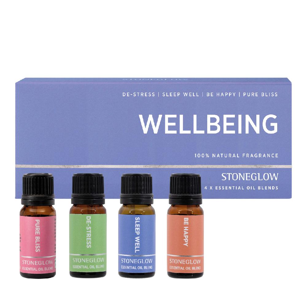 stoneglow Wellbeing - 4 x10ml 100% Essential Oil Blend - BE HAPPY - DE-STREES - SLEEP WELL - PURE BLISS Gift Set