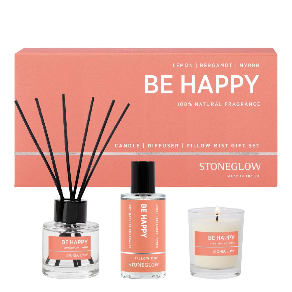 stoneglow Wellbeing - Be Happy - Gift Set - Essential Oil Scented Votive Candle (65 x 55mm) - Scented Reed Diffuser (50ml) - Scented Pillow Mist (50ml)