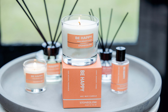 Stoneglow Wellbeing - Be Happy - Lemon | Bergamot | Myrrh - Essential Oil Scented Candle - Boxed Tumbler (90 X 80mm)