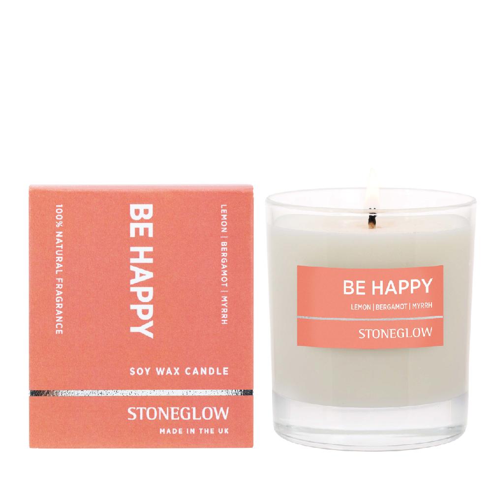 stoneglow Wellbeing - Be Happy - Lemon | Bergamot | Myrrh - Essential Oil Scented Candle - Boxed Tumbler (90 x 80mm)