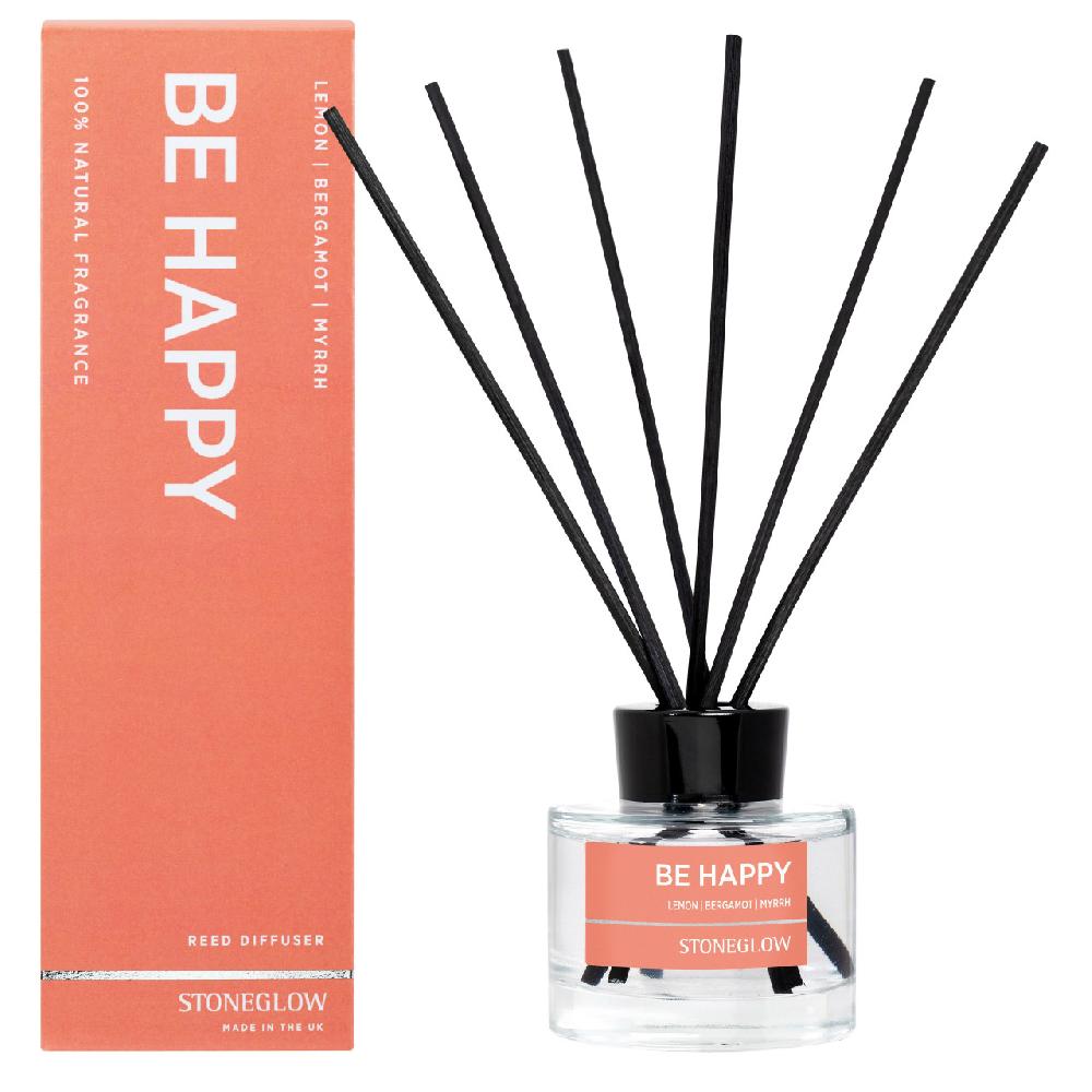 stoneglow Wellbeing - Be Happy - Lemon | Bergamot | Myrrh - Essential Oil Scented Reed Diffuser (140ml)