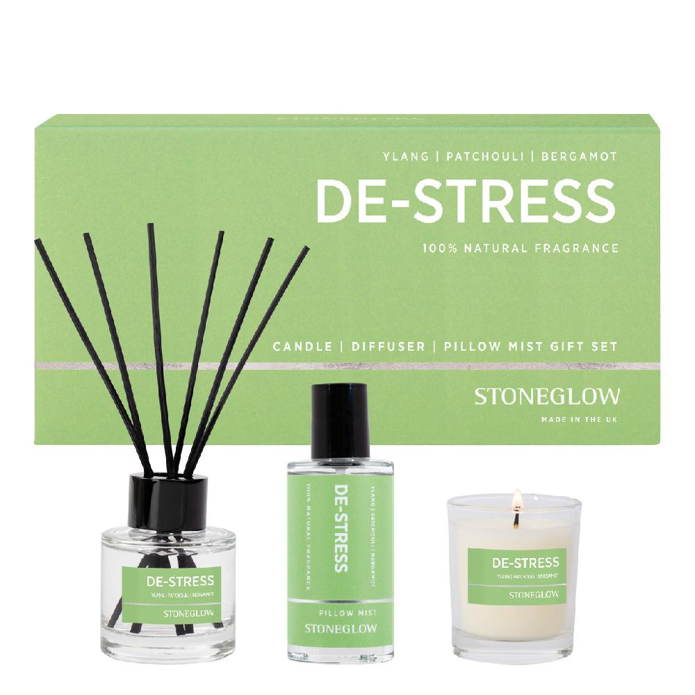 stoneglow Wellbeing - De-Stress - Gift Set - Essential Oil Scented Votive Candle (65 x 55mm) - Scented Reed Diffuser (50ml) - Scented Pillow Mist (50ml)