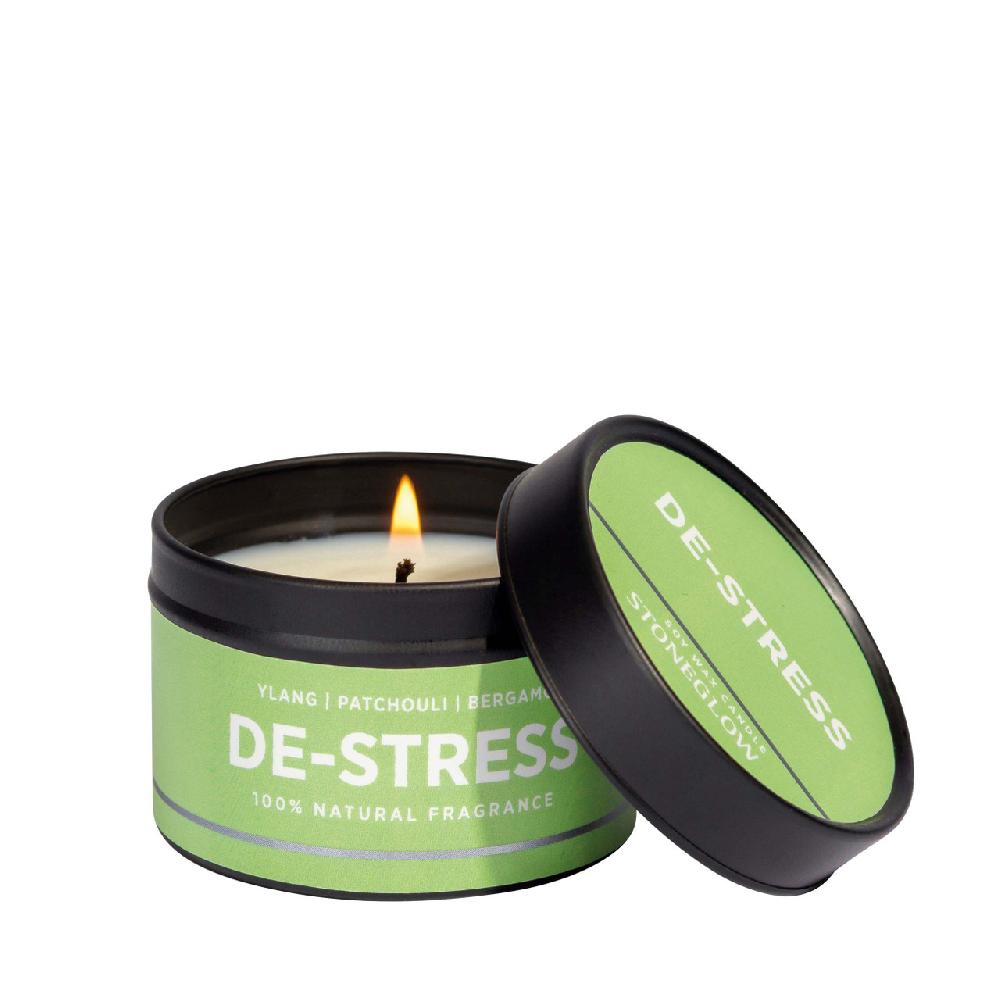 stoneglow Wellbeing - De-Stress - Ylang | Patchouli | Bergamot - Essential Oil Scented Soy Wax Candle Tin (64 x 43mm)