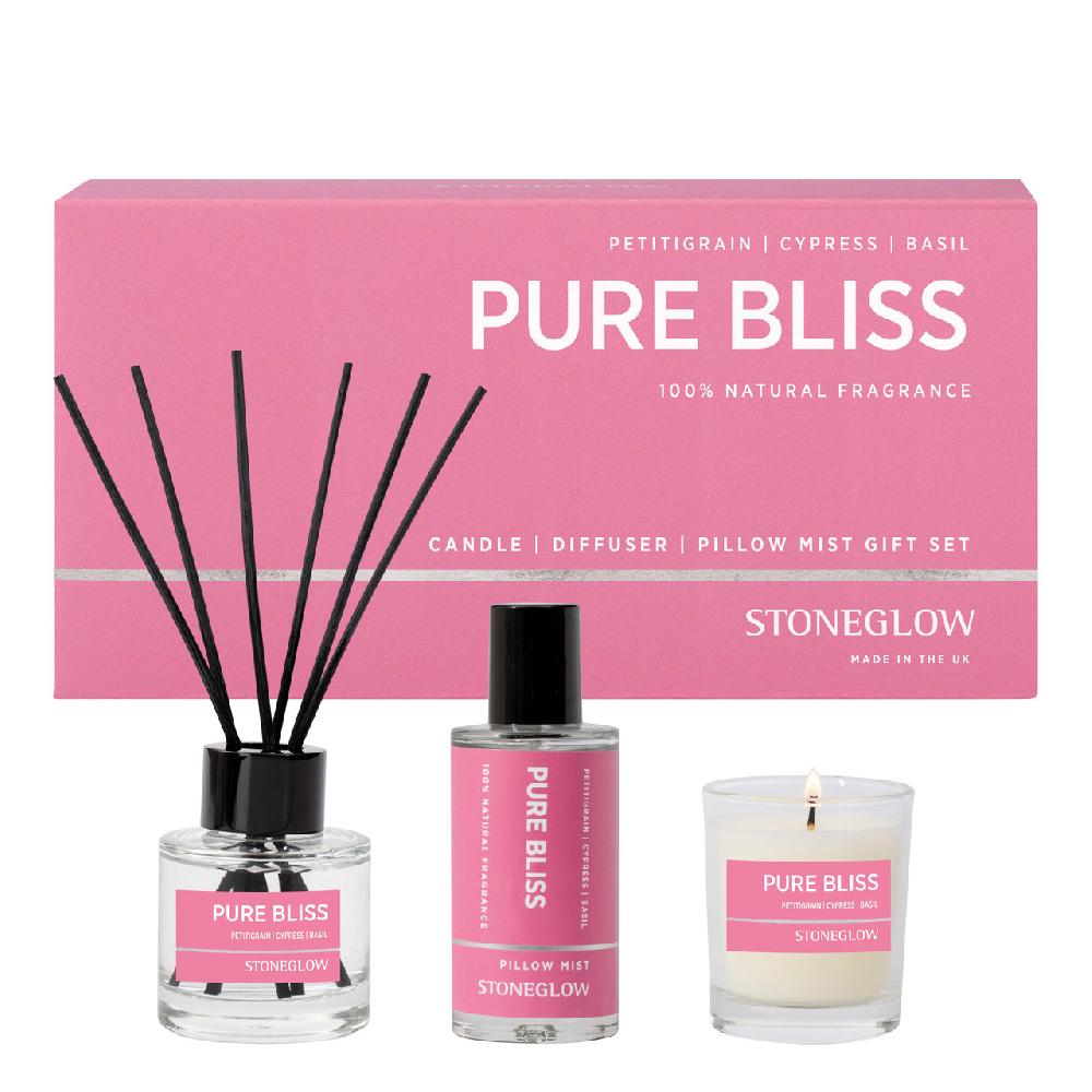 stoneglow Wellbeing - Pure Bliss - Petitgrain | Cypress | Basil - Essentials Oils Scented - Candle Tumbler (90 x80mm) & Scented Reed Diffuser (140ml) Gift Set