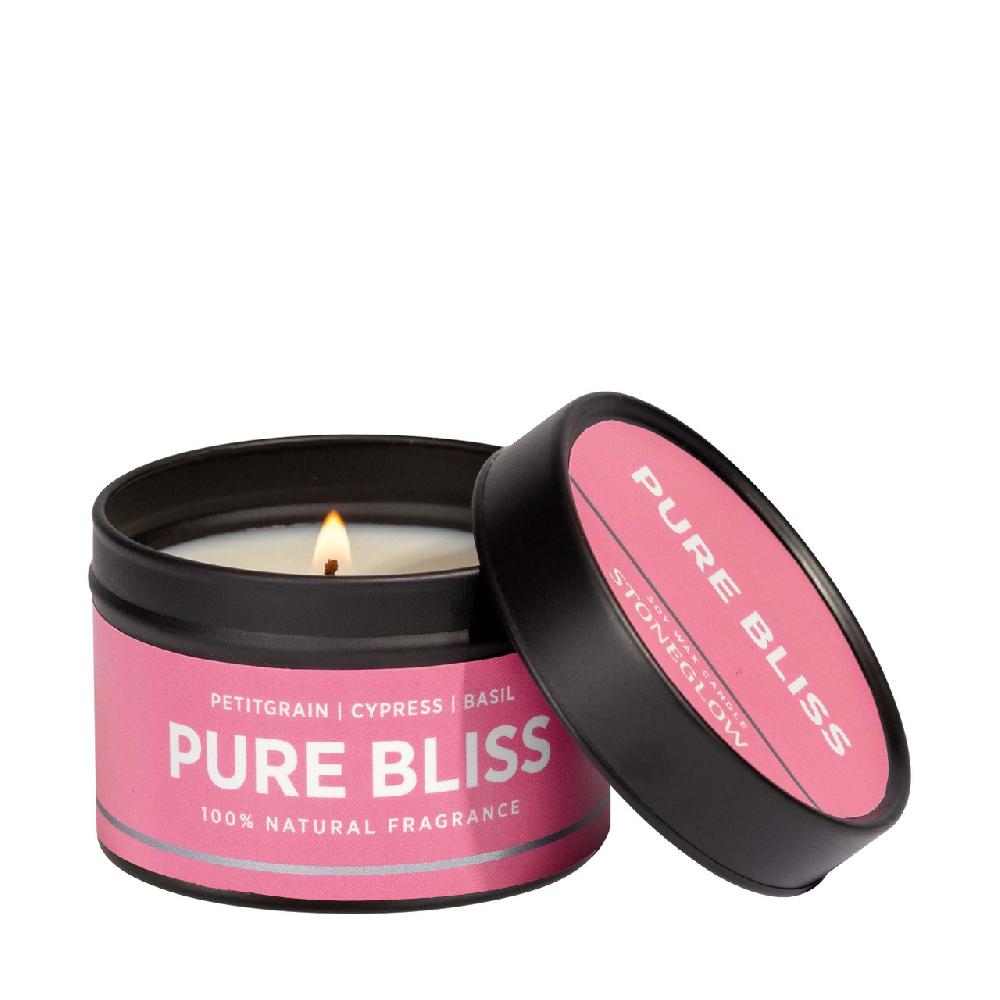 stoneglow Wellbeing - Pure Bliss - Petitgrain | Cypress | Basil - Essential Oil Scented Soy Wax Candle Tin (64 x 43mm)