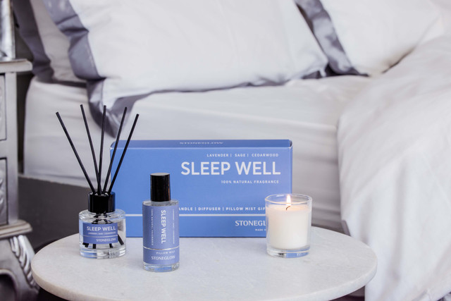Stoneglow Wellbeing - Sleep Well - Gift Set - Essential Oil Scented Votive Candle (65 X 55mm) - Scented Reed Diffuser (50ml) - Scented Pillow Mist (50ml)