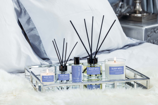 Stoneglow Wellbeing - Sleep Well - Gift Set - Essential Oil Scented Votive Candle (65 X 55mm) - Scented Reed Diffuser (50ml) - Scented Pillow Mist (50ml)
