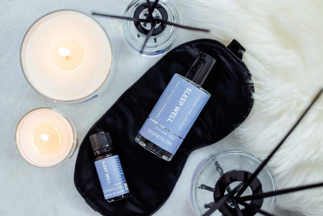 Stoneglow Wellbeing - Sleep Well - Gift Set - Essential Oil Scented Votive Candle (65 X 55mm) - Scented Reed Diffuser (50ml) - Scented Pillow Mist (50ml)
