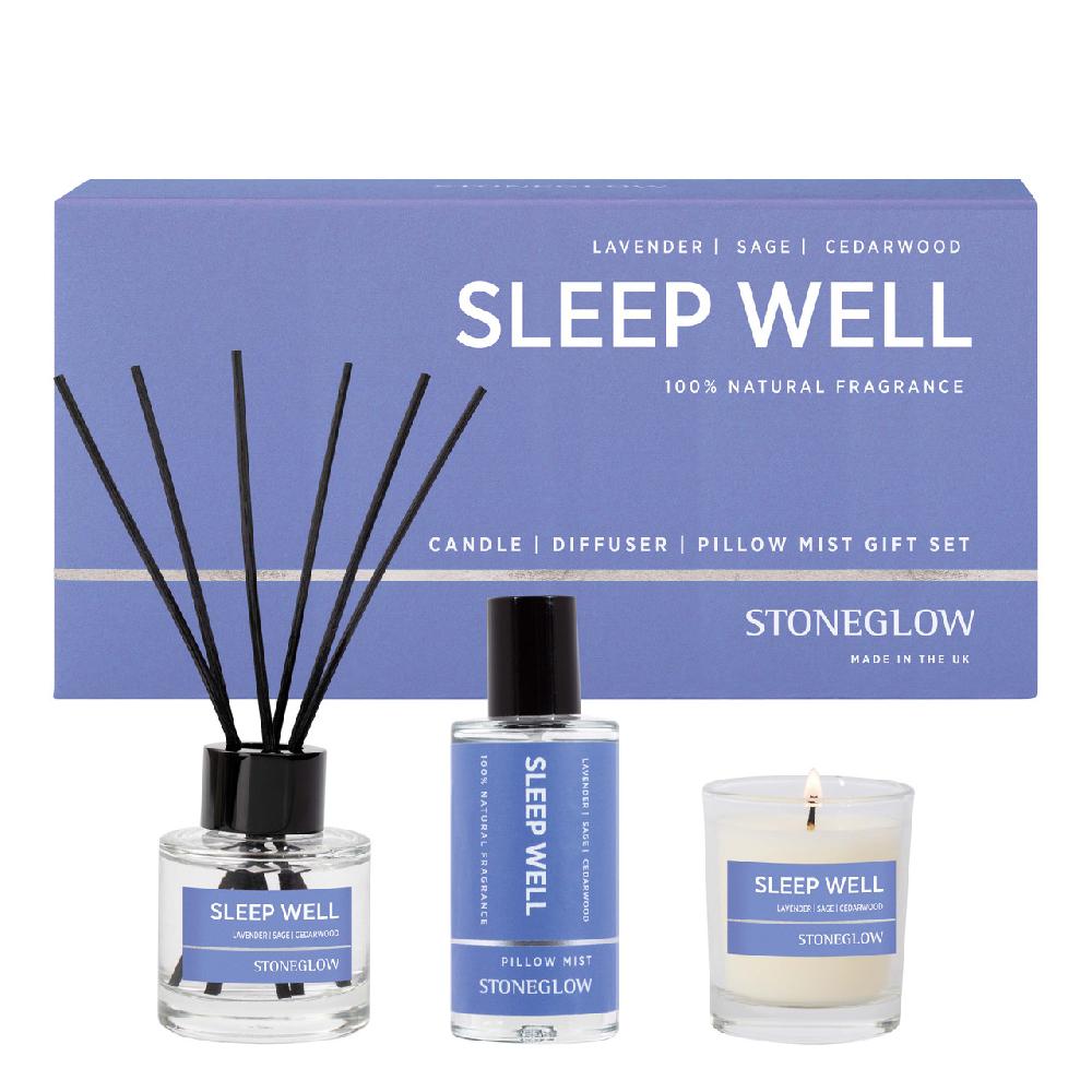 stoneglow Wellbeing - Sleep Well - Gift Set - Essential Oil Scented Votive Candle (65 x 55mm) - Scented Reed Diffuser (50ml) - Scented Pillow Mist (50ml)