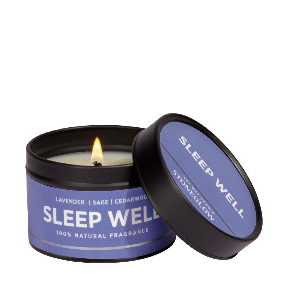 stoneglow Wellbeing - Sleep Well - Lavender | Sage | Cedarwood - Essential Oil Scented Soy Wax Candle Tin (64 x 43mm)