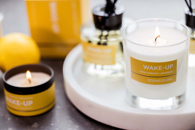 Stoneglow Wellbeing - Wake Up - Lemon | Mandarin | Lemongrass - Essential Oil Scented Soy Candle (220gm)