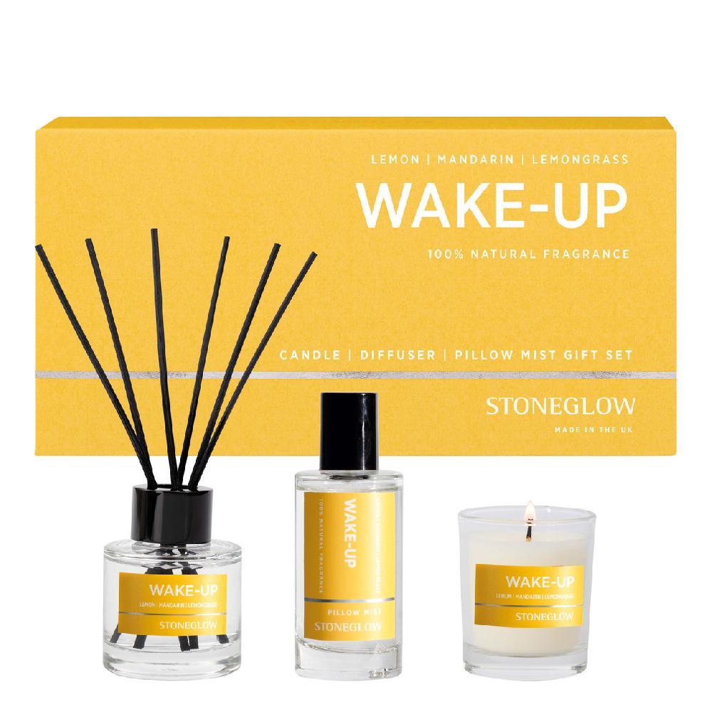 stoneglow Wellbeing - Wake Up - Lemon | Mandarin | Lemongrass - Essential Oil Scented -Votive Candle (65 x 55mm) - Scented Reed Diffuser (50ml) - Scented Pillow Mist (50ml) Gift Set