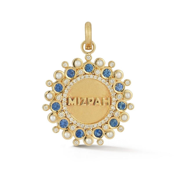 storrow 14K Gold Diamond Blue Sapphire & Pearl Mizpah Medallion