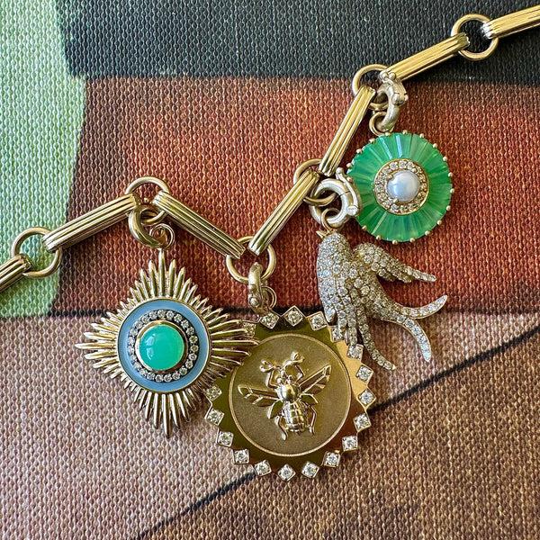 Storrow 14K Gold Diamond Chrysoprase & Grey Enamel Vivienne Medallion