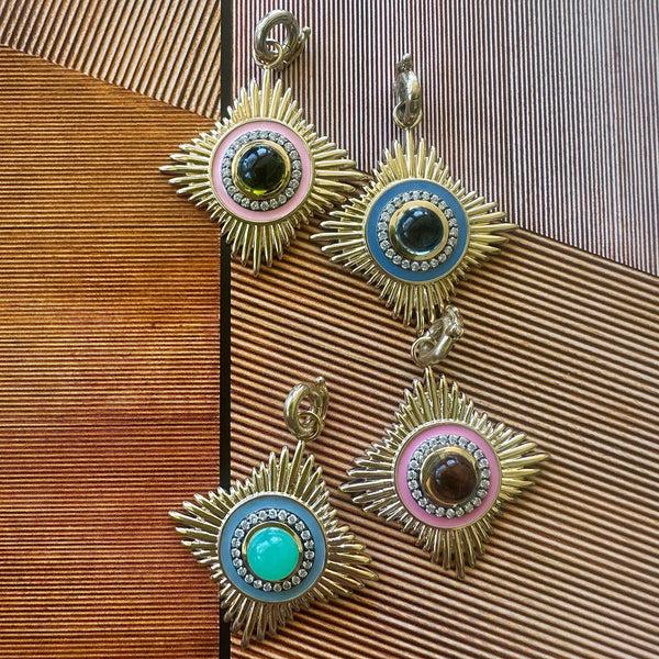 Storrow 14K Gold Diamond Chrysoprase & Grey Enamel Vivienne Medallion