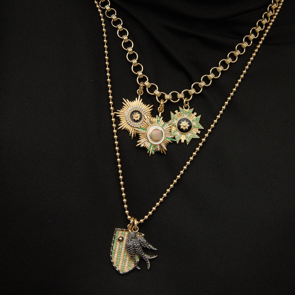 Storrow 14K Gold Diamond Emerald & Black Enamel Walter Medallion