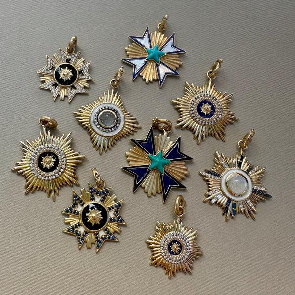 Storrow 14K Gold Diamond Pearl & Blue Enamel Mini Vale Medallion