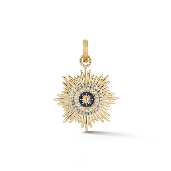 storrow 14K Gold Diamond Pearl & Blue Enamel Mini Vale Medallion