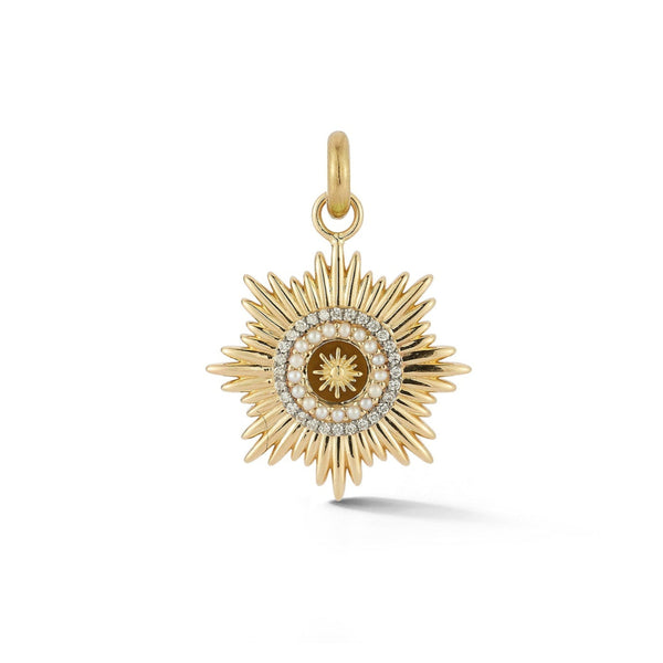 storrow 14K Gold Diamond Pearl & Bronze Brown Enamel Mini Vale Medallion