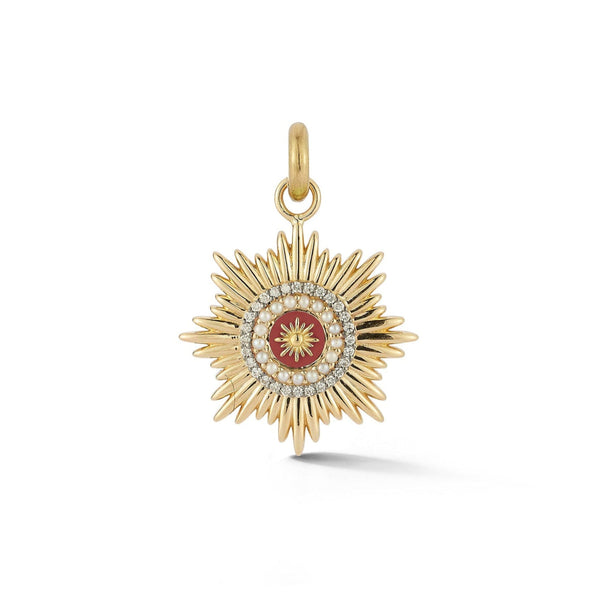 storrow 14K Gold Diamond Pearl & Chili Oil Enamel Mini Vale Medallion