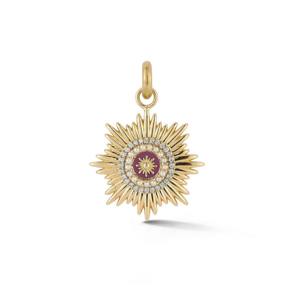 storrow 14K Gold Diamond Pearl & Damson Maroon Enamel Mini Vale Medallion