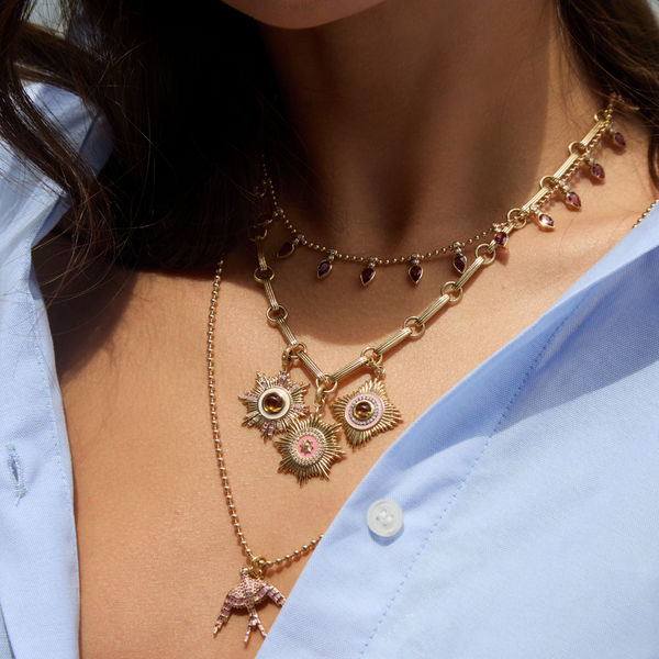 Storrow 14K Gold Diamond & Pink Garnet 16" 2MM Beaded Ball Emma Necklace