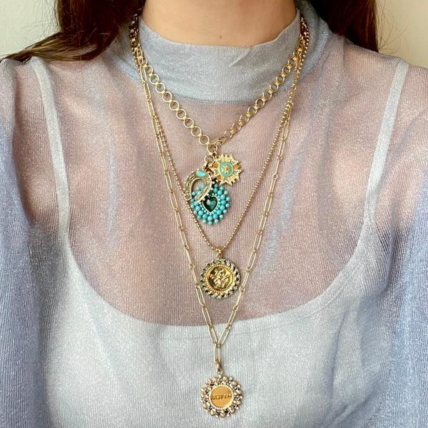 Storrow 14K Gold London Blue Topaz Heart & Turquoise Matilda Bee Medallion