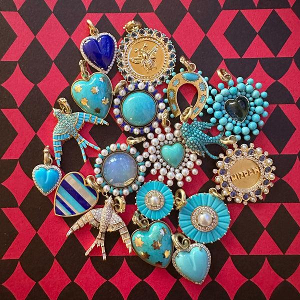 Storrow 14K Gold London Blue Topaz Heart & Turquoise Matilda Bee Medallion