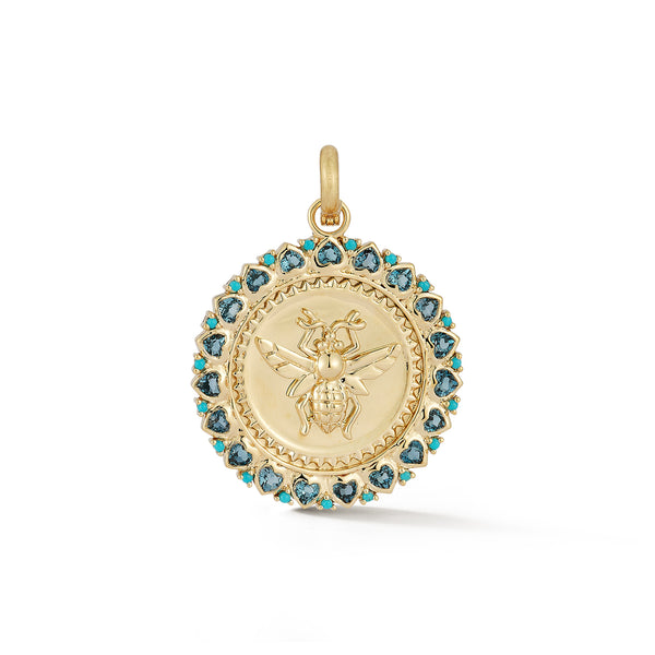 storrow 14K Gold London Blue Topaz Heart & Turquoise Matilda Bee Medallion