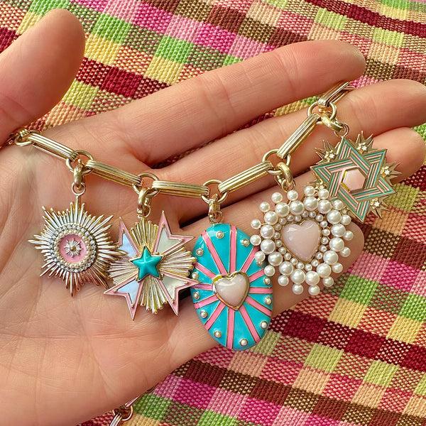 Storrow 14K Gold Pink Opal Enamel Liat Star Of David Medallion