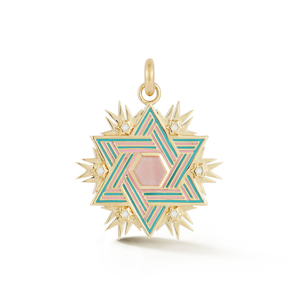 storrow 14K Gold Pink Opal Enamel Liat Star of David Medallion