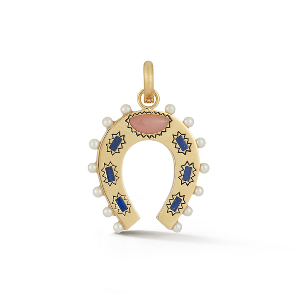 storrow 14K Gold Pink Opal Lapis & Pearl Holly Horseshoe Charm