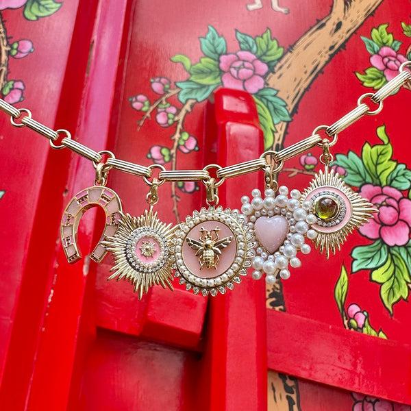 Storrow 14K Gold Pink Opal Pearl Diamond Minnie Bee Medallion