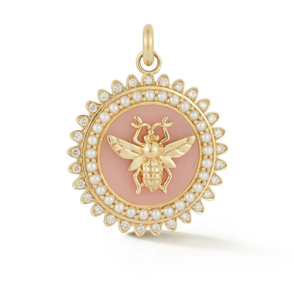 storrow 14K Gold Pink Opal Pearl Diamond Minnie Bee Medallion