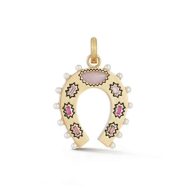 storrow 14K Gold Pink Rainbow Gemstone & Pearl Holly Horseshoe Charm