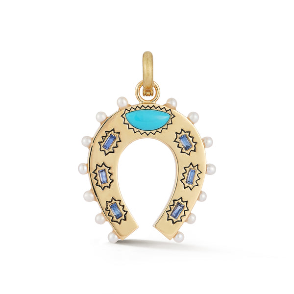 storrow 14K Gold Turquoise Blue Sapphire & Pearl Holly Horseshoe Charm