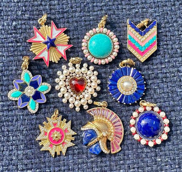 Storrow 14K Gold Turquoise Lapis Diamond & Pink Enamel William Charm