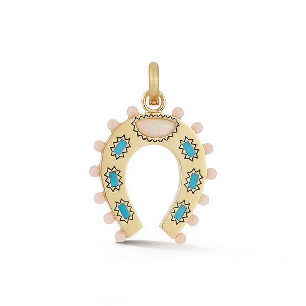 storrow 14K Gold Turquoise Opal & Pink Opal Holly Horseshoe Charm