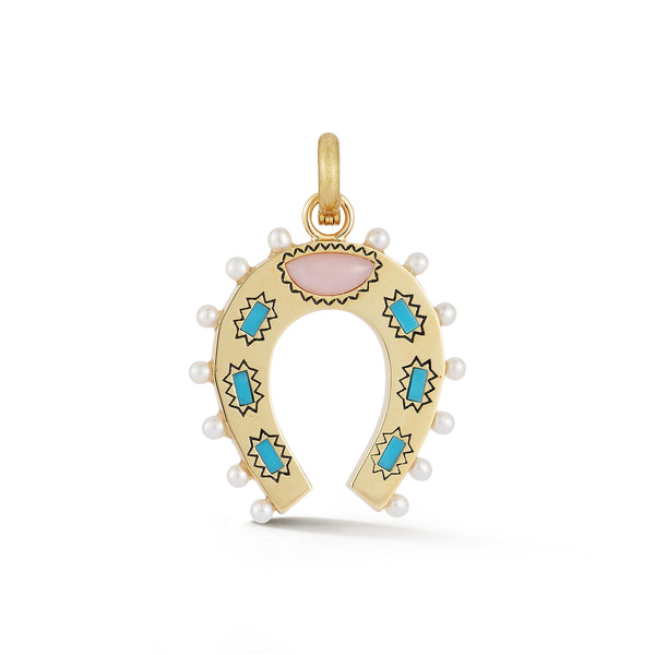 storrow 14K Gold Turquoise Pink Opal & Pearl Holly Horseshoe Charm