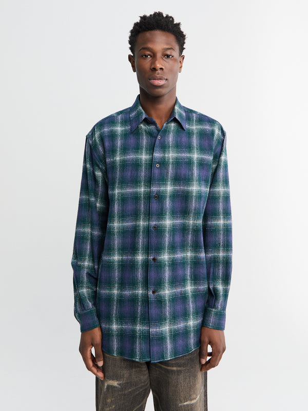 stoy Airy Wool Check Shirt in Forest Green and Navy