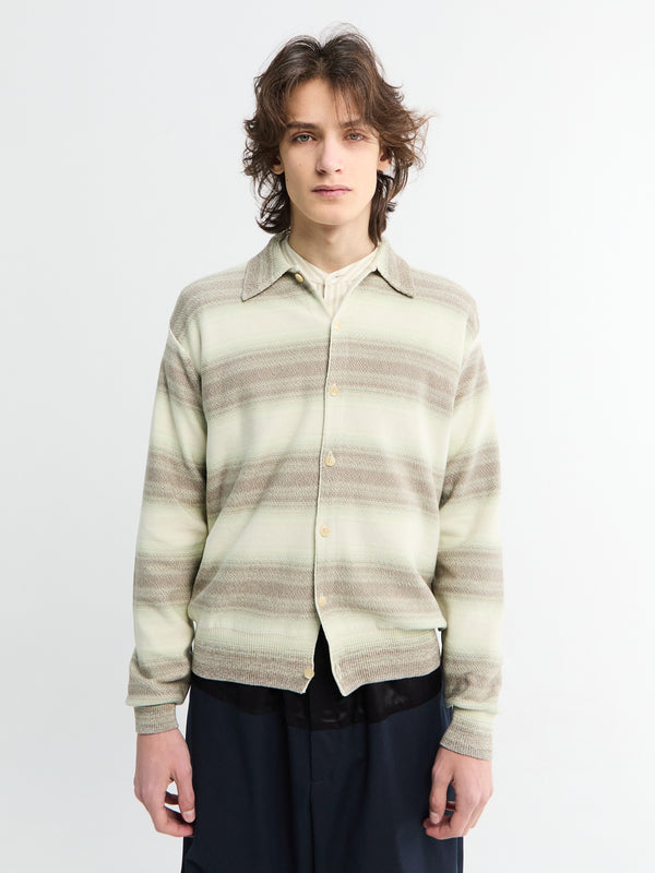 stoy Cotton Silk Gradient Stripe Knit Shirt Cardigan in Lime Gray Stripe