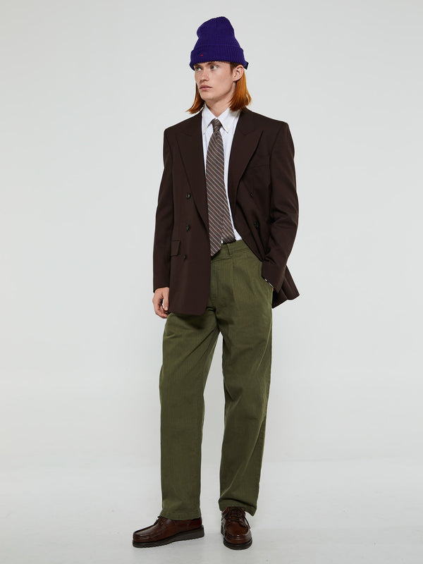 Stoy Double Pleated Herringbone Pants In Army Green