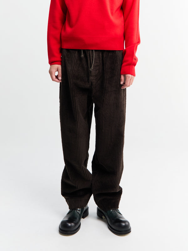 stoy Ed Unlined Exaggerated Cotton Corduroy Drawstring Trousers in Dark Chocolate Brown