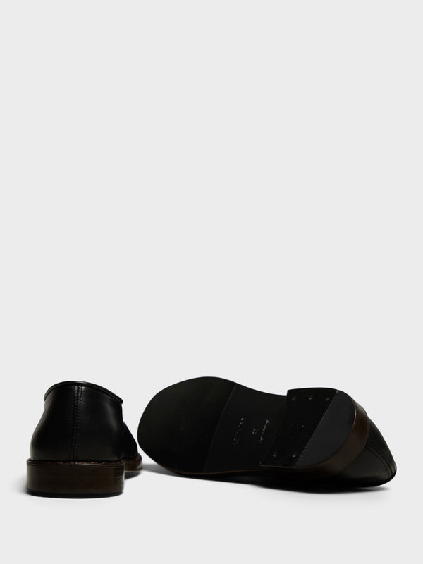 Stoy Flat Piped Slippers In Black And Dark Chocolate