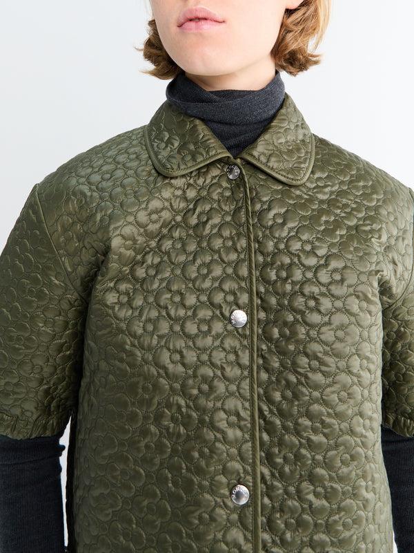 Stoy Floral-Quilted Padded Short Sleeve Shirt In Olive Green