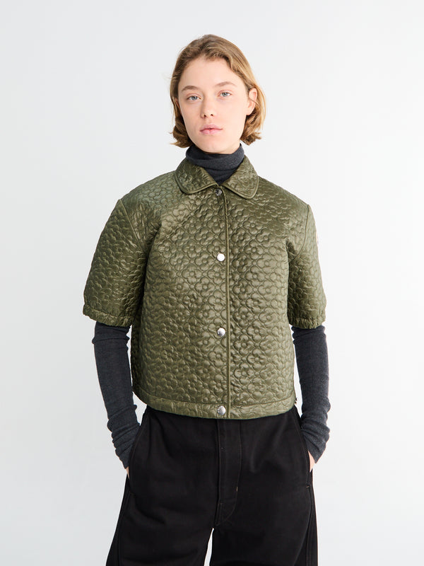 stoy Floral-Quilted Padded Short Sleeve Shirt in Olive Green