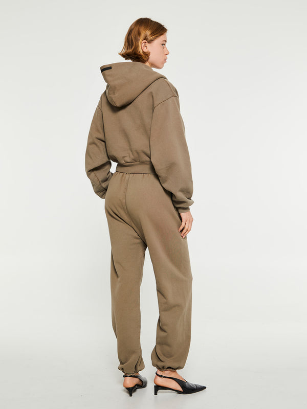 Stoy Heavy Fleece Cropped V-Neck Hoodie In Military