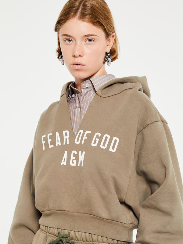 Stoy Heavy Fleece Cropped V-Neck Hoodie In Military