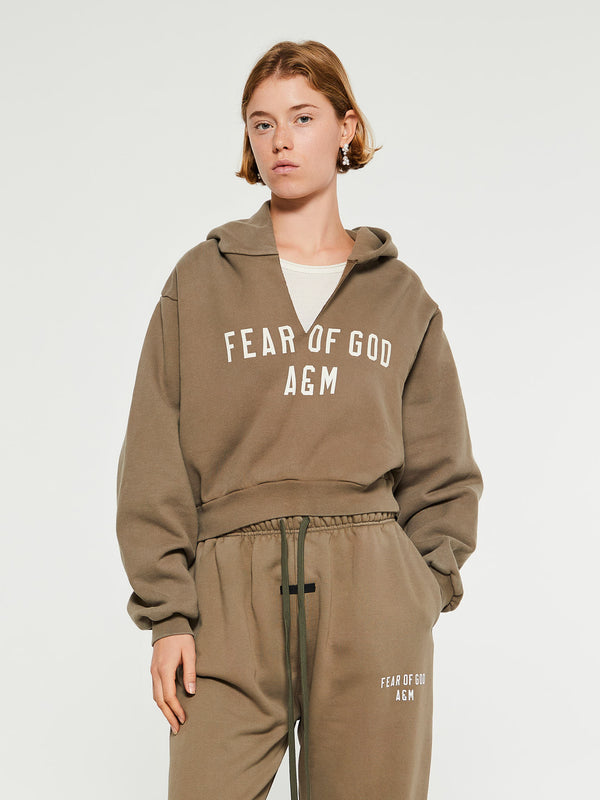 stoy Heavy Fleece Cropped V-Neck Hoodie in Military