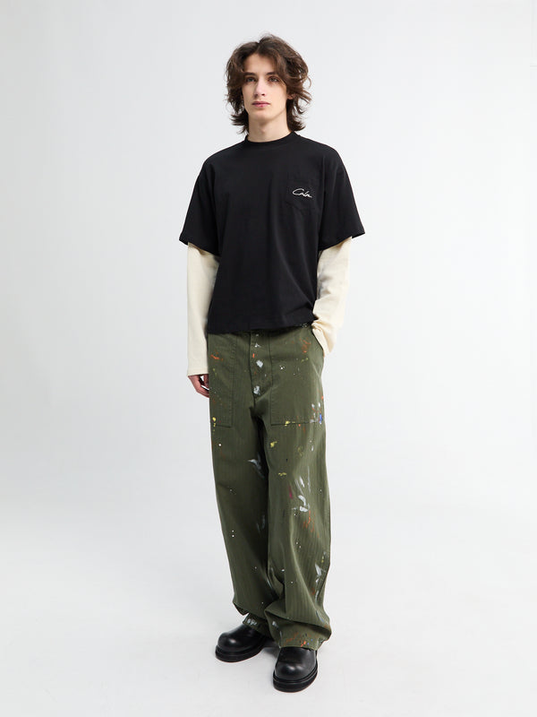 stoy Herringbone Paintsplatter Cargo Pants in Green